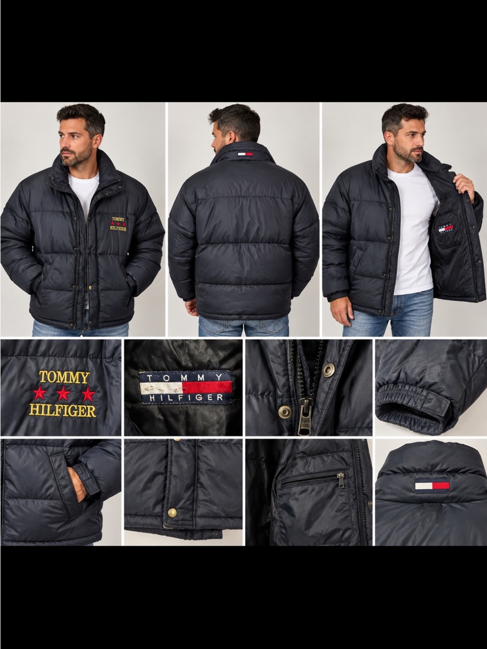 Vintage Tommy Hilfiger Men’s Navy Quilted Puffer Jacket with Logo XL